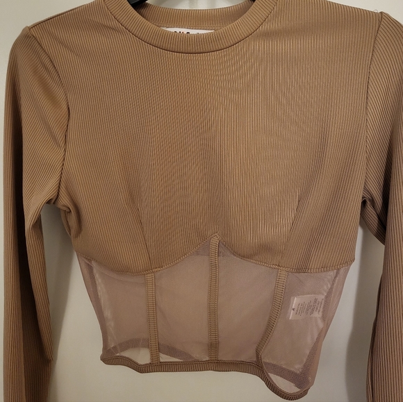 Long Sleeve NWOT Ribbed Knit Mesh Crop Top - Picture 4 of 5